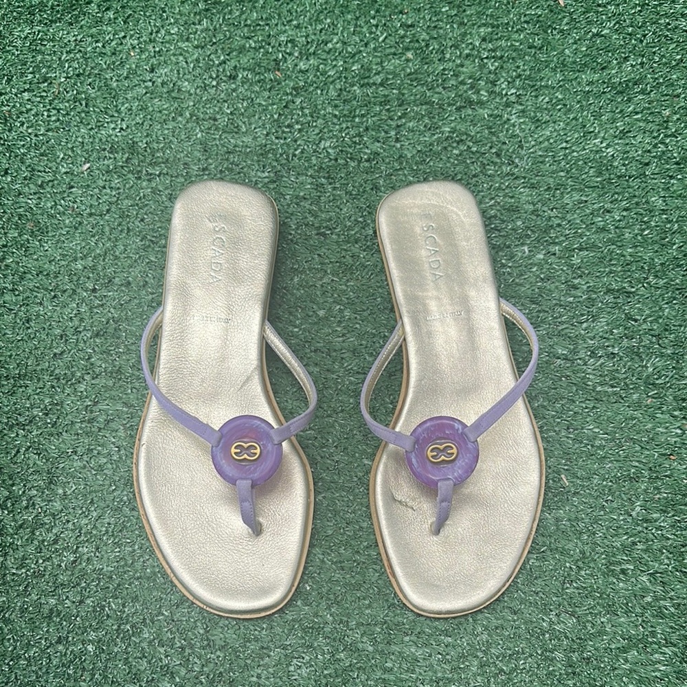 Escada Gold and Purple Sandals with Floral Accents Size 8 US/ 38 EU